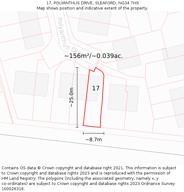 17, POLYANTHUS DRIVE, SLEAFORD, NG34 7HS: Plot and title map