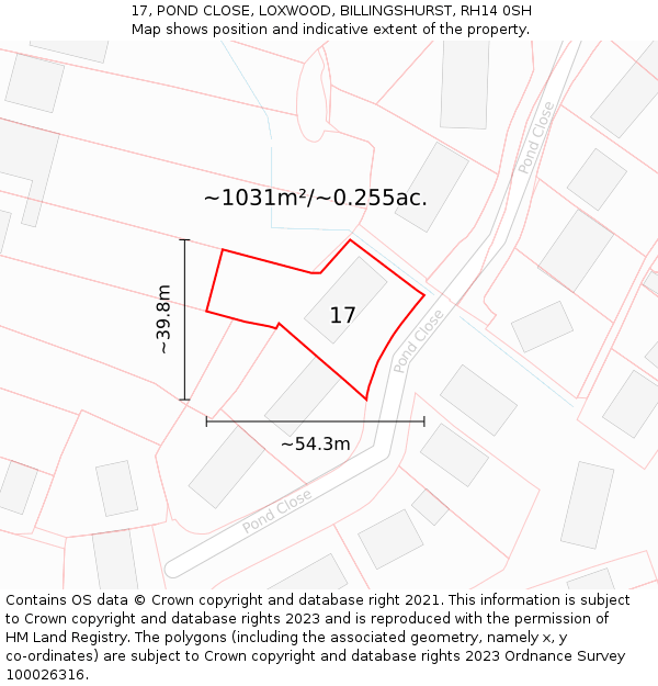 17, POND CLOSE, LOXWOOD, BILLINGSHURST, RH14 0SH: Plot and title map