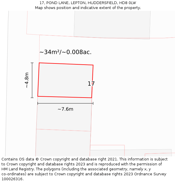 17, POND LANE, LEPTON, HUDDERSFIELD, HD8 0LW: Plot and title map