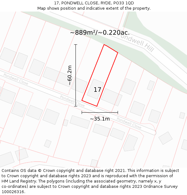 17, PONDWELL CLOSE, RYDE, PO33 1QD: Plot and title map