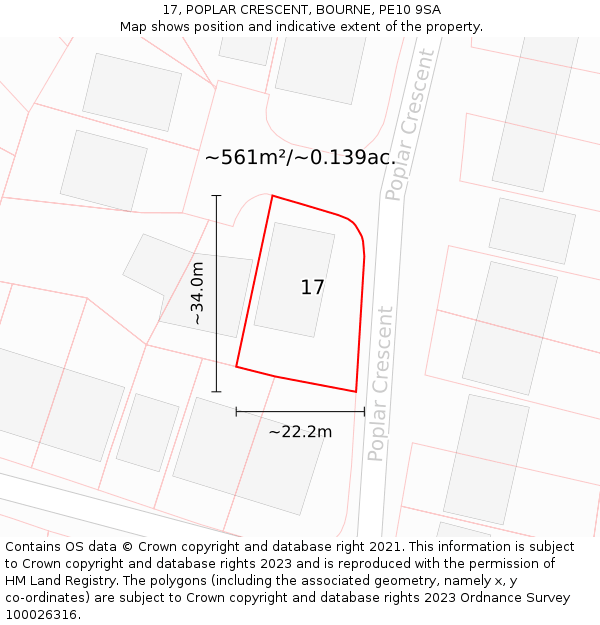 17, POPLAR CRESCENT, BOURNE, PE10 9SA: Plot and title map