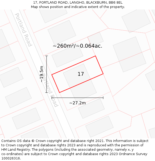 17, PORTLAND ROAD, LANGHO, BLACKBURN, BB6 8EL: Plot and title map