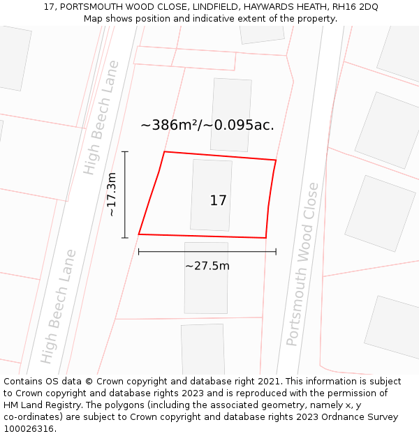 17, PORTSMOUTH WOOD CLOSE, LINDFIELD, HAYWARDS HEATH, RH16 2DQ: Plot and title map