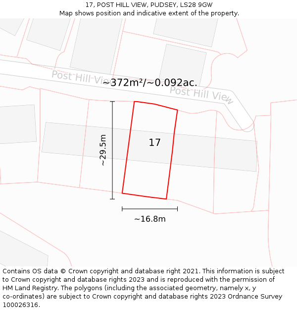 17, POST HILL VIEW, PUDSEY, LS28 9GW: Plot and title map