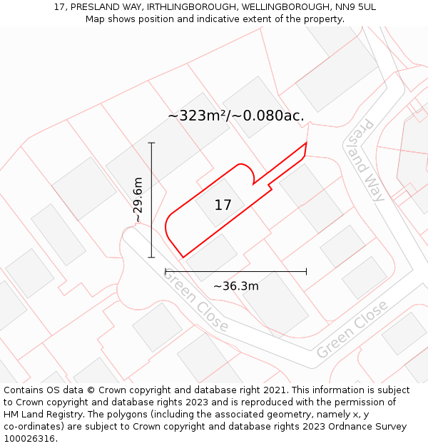 17, PRESLAND WAY, IRTHLINGBOROUGH, WELLINGBOROUGH, NN9 5UL: Plot and title map