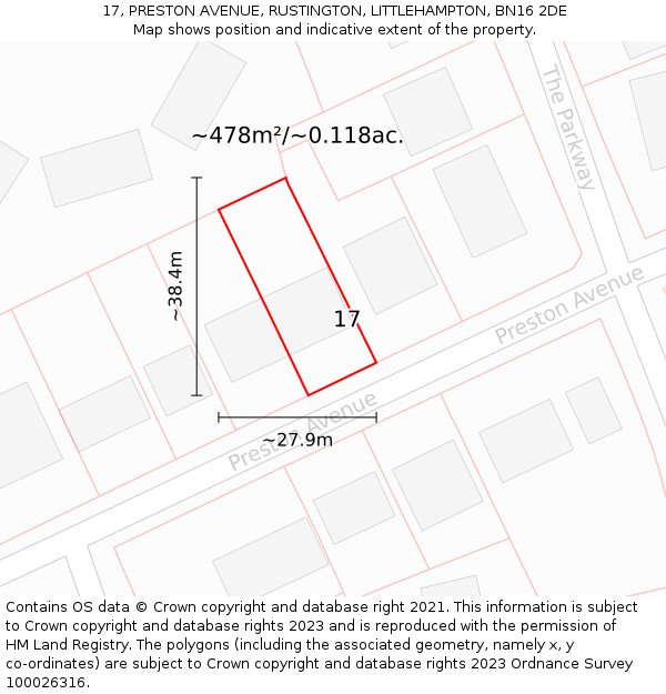 17, PRESTON AVENUE, RUSTINGTON, LITTLEHAMPTON, BN16 2DE: Plot and title map