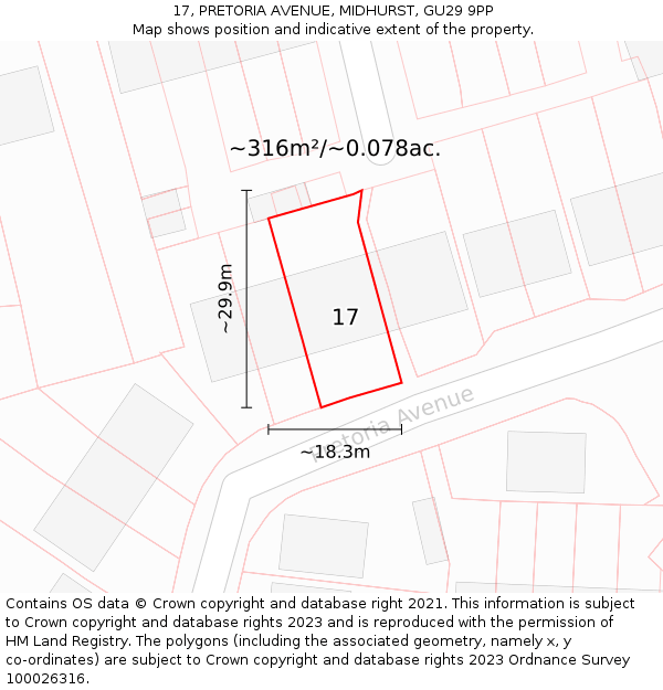 17, PRETORIA AVENUE, MIDHURST, GU29 9PP: Plot and title map