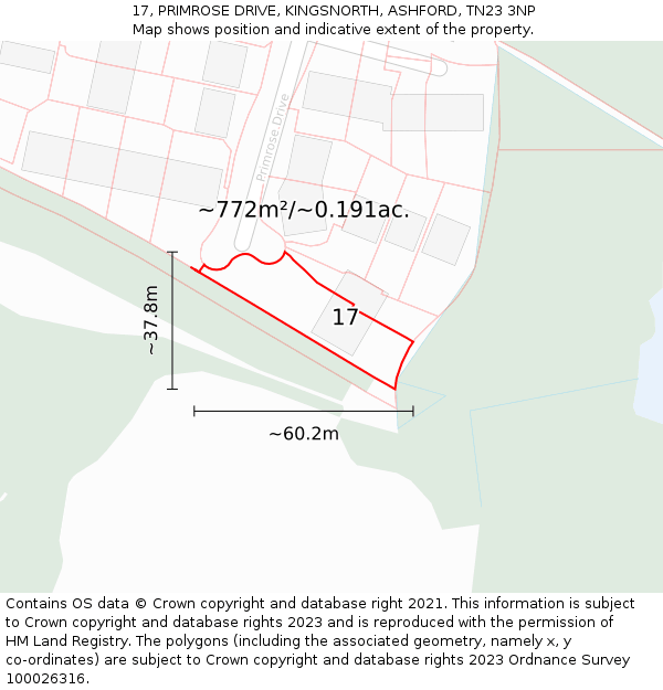 17, PRIMROSE DRIVE, KINGSNORTH, ASHFORD, TN23 3NP: Plot and title map
