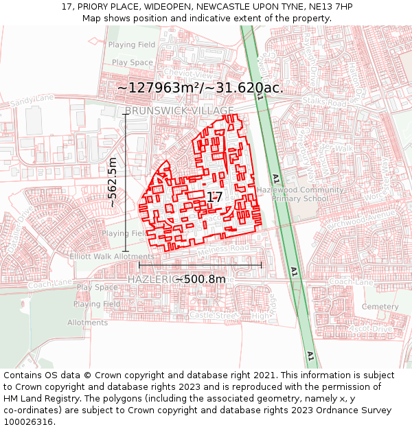 17, PRIORY PLACE, WIDEOPEN, NEWCASTLE UPON TYNE, NE13 7HP: Plot and title map