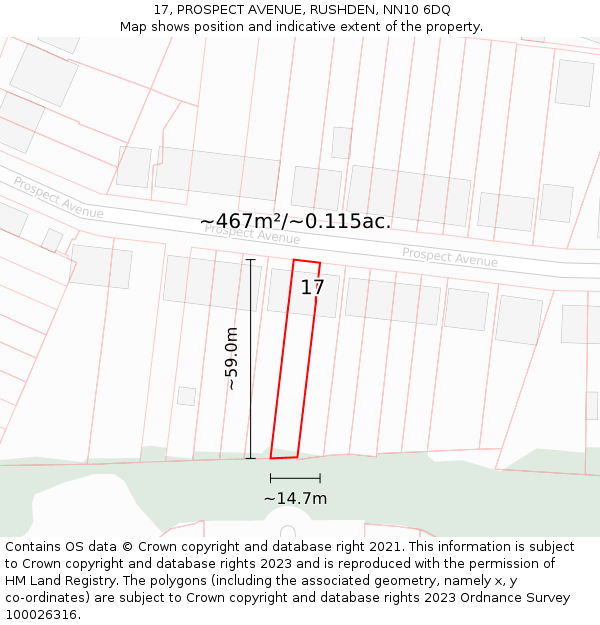 17, PROSPECT AVENUE, RUSHDEN, NN10 6DQ: Plot and title map