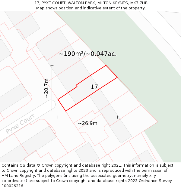 17, PYXE COURT, WALTON PARK, MILTON KEYNES, MK7 7HR: Plot and title map