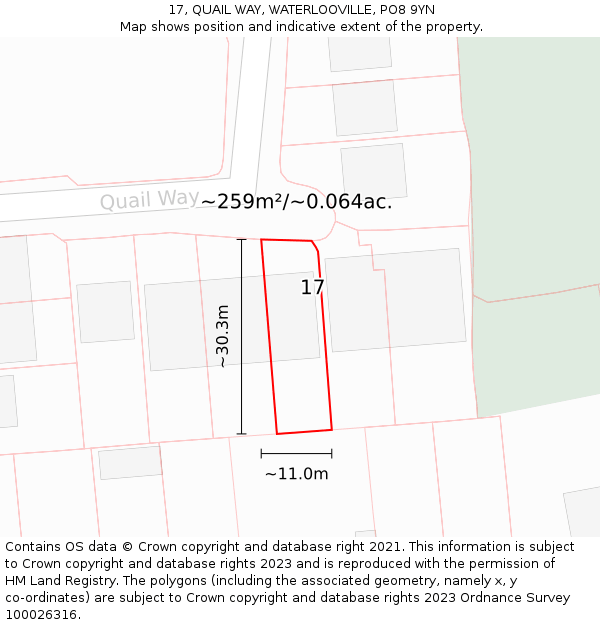 17, QUAIL WAY, WATERLOOVILLE, PO8 9YN: Plot and title map