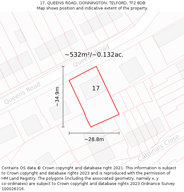 17, QUEENS ROAD, DONNINGTON, TELFORD, TF2 8DB: Plot and title map