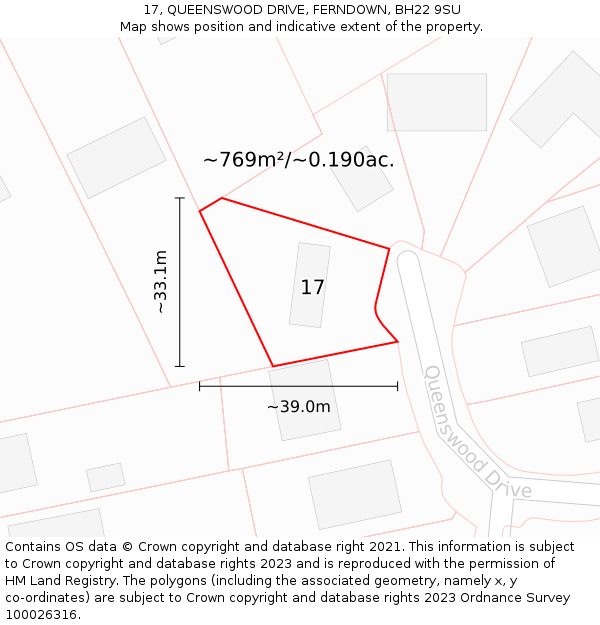 17, QUEENSWOOD DRIVE, FERNDOWN, BH22 9SU: Plot and title map