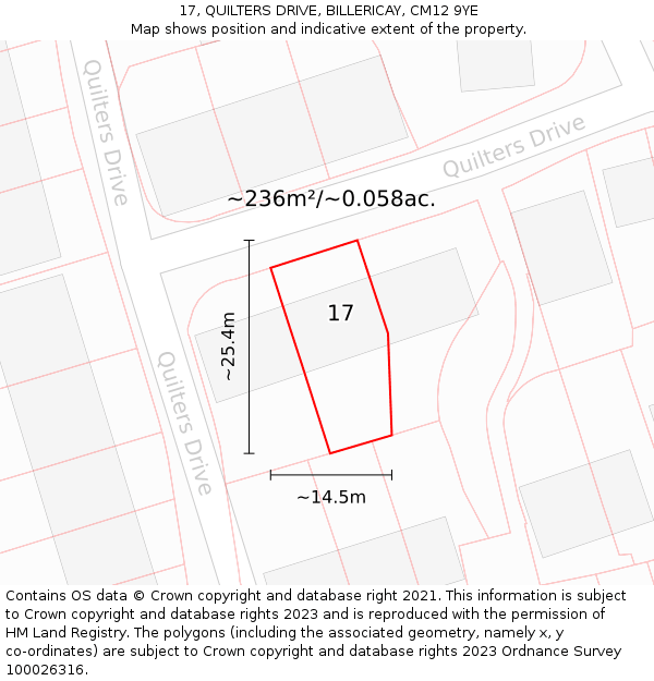 17, QUILTERS DRIVE, BILLERICAY, CM12 9YE: Plot and title map