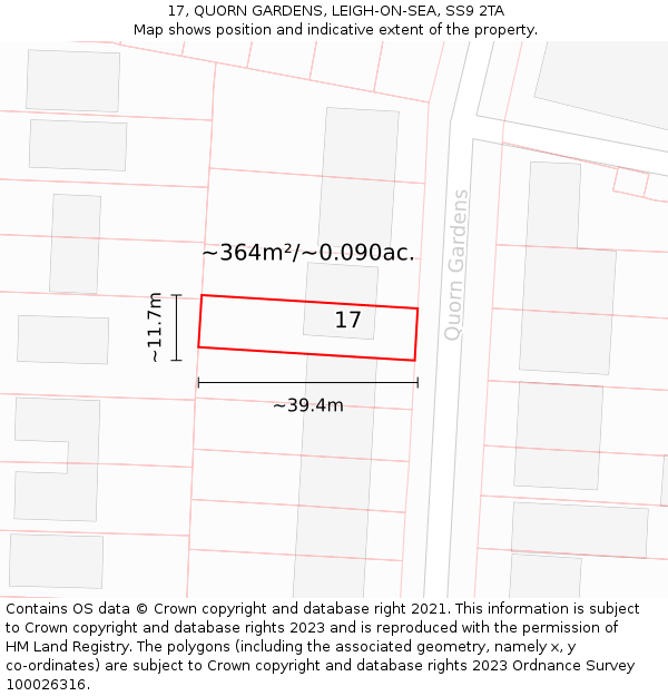 17, QUORN GARDENS, LEIGH-ON-SEA, SS9 2TA: Plot and title map