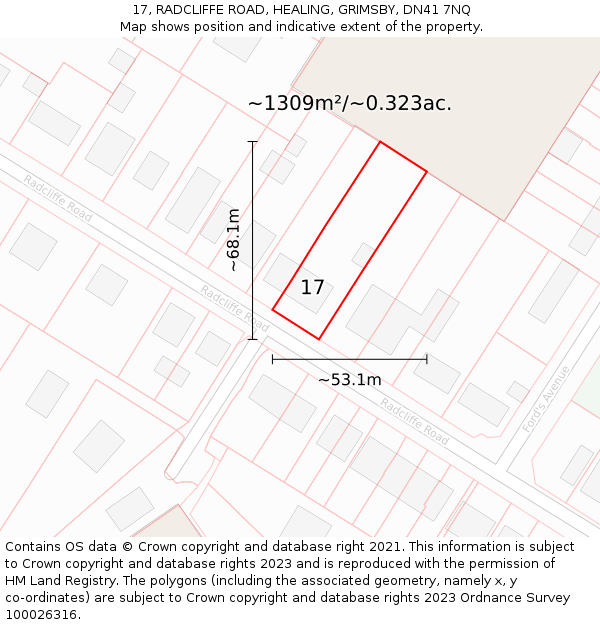 17, RADCLIFFE ROAD, HEALING, GRIMSBY, DN41 7NQ: Plot and title map