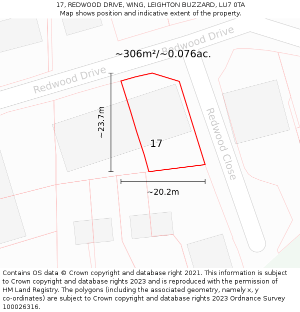 17, REDWOOD DRIVE, WING, LEIGHTON BUZZARD, LU7 0TA: Plot and title map