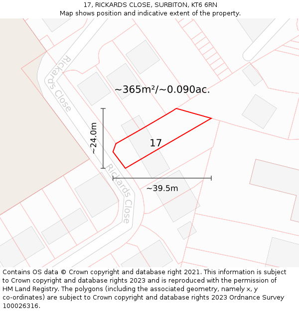 17, RICKARDS CLOSE, SURBITON, KT6 6RN: Plot and title map