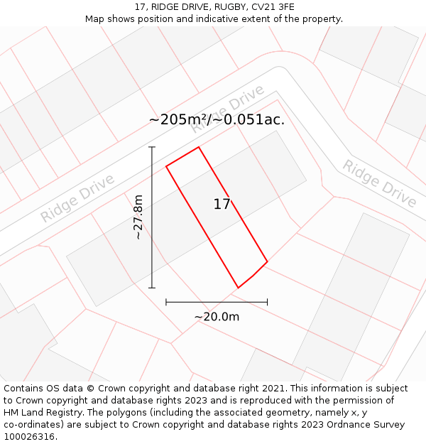 17, RIDGE DRIVE, RUGBY, CV21 3FE: Plot and title map