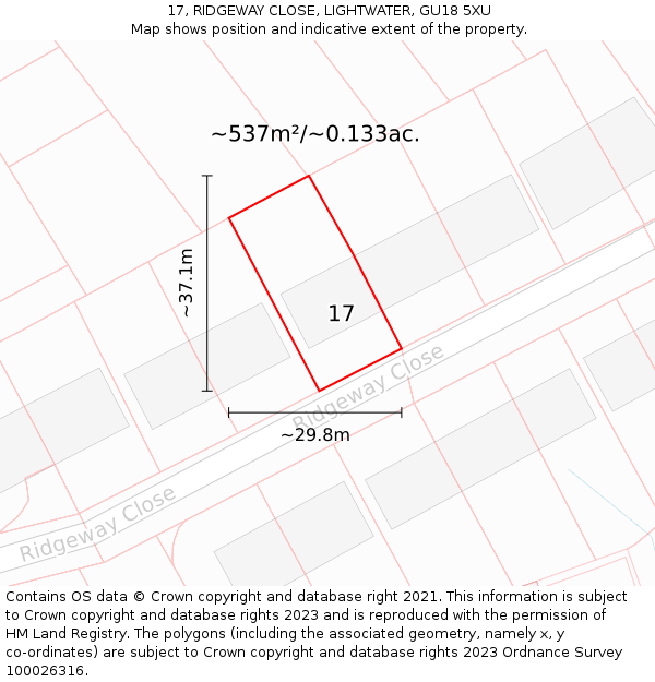 17, RIDGEWAY CLOSE, LIGHTWATER, GU18 5XU: Plot and title map