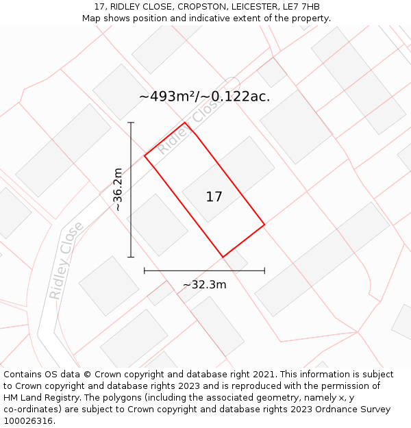 17, RIDLEY CLOSE, CROPSTON, LEICESTER, LE7 7HB: Plot and title map