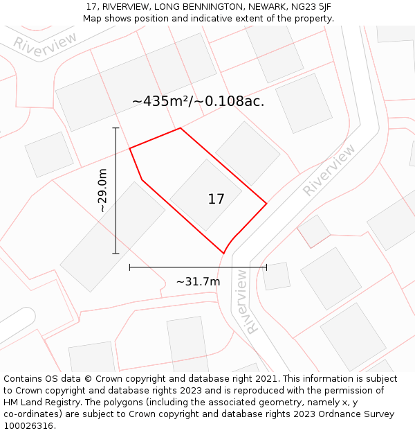 17, RIVERVIEW, LONG BENNINGTON, NEWARK, NG23 5JF: Plot and title map