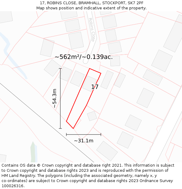 17, ROBINS CLOSE, BRAMHALL, STOCKPORT, SK7 2PF: Plot and title map