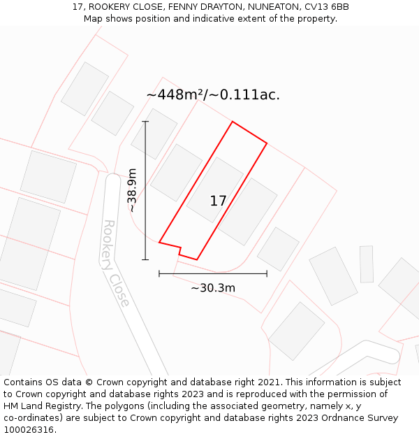 17, ROOKERY CLOSE, FENNY DRAYTON, NUNEATON, CV13 6BB: Plot and title map