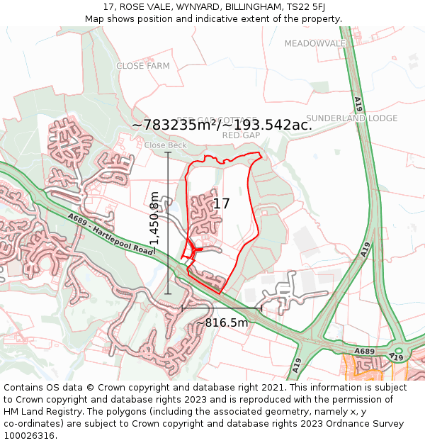 17, ROSE VALE, WYNYARD, BILLINGHAM, TS22 5FJ: Plot and title map