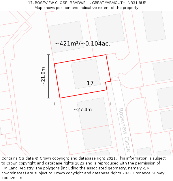 17, ROSEVIEW CLOSE, BRADWELL, GREAT YARMOUTH, NR31 8UP: Plot and title map