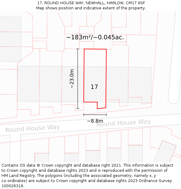 17, ROUND HOUSE WAY, NEWHALL, HARLOW, CM17 9SF: Plot and title map