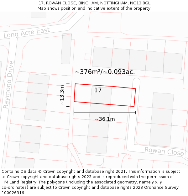 17, ROWAN CLOSE, BINGHAM, NOTTINGHAM, NG13 8GL: Plot and title map