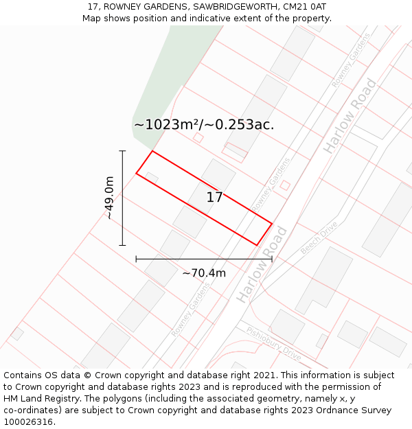 17, ROWNEY GARDENS, SAWBRIDGEWORTH, CM21 0AT: Plot and title map