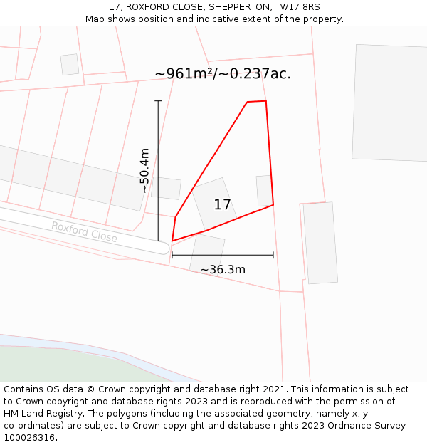 17, ROXFORD CLOSE, SHEPPERTON, TW17 8RS: Plot and title map