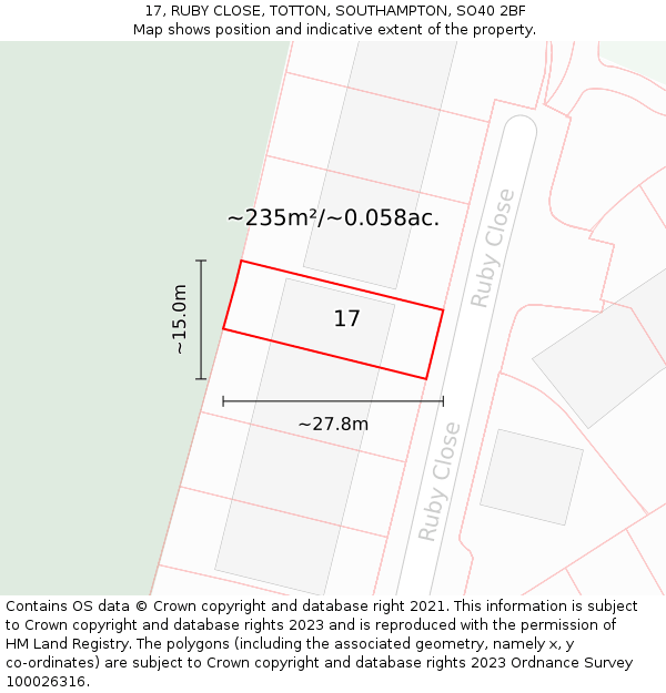 17, RUBY CLOSE, TOTTON, SOUTHAMPTON, SO40 2BF: Plot and title map