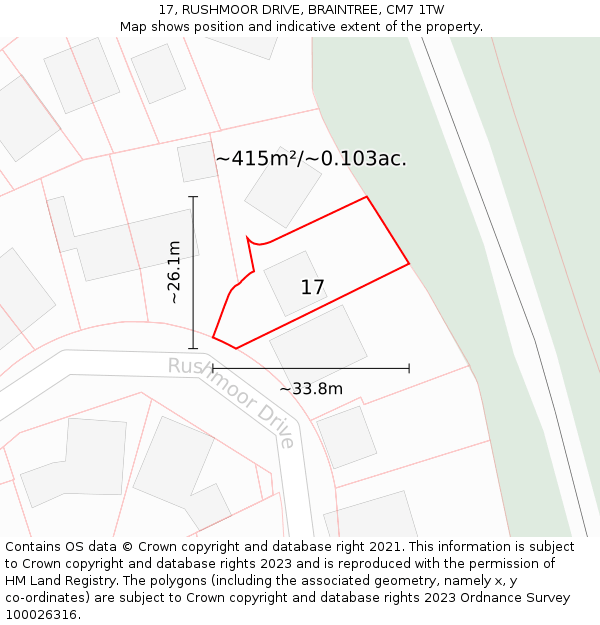 17, RUSHMOOR DRIVE, BRAINTREE, CM7 1TW: Plot and title map