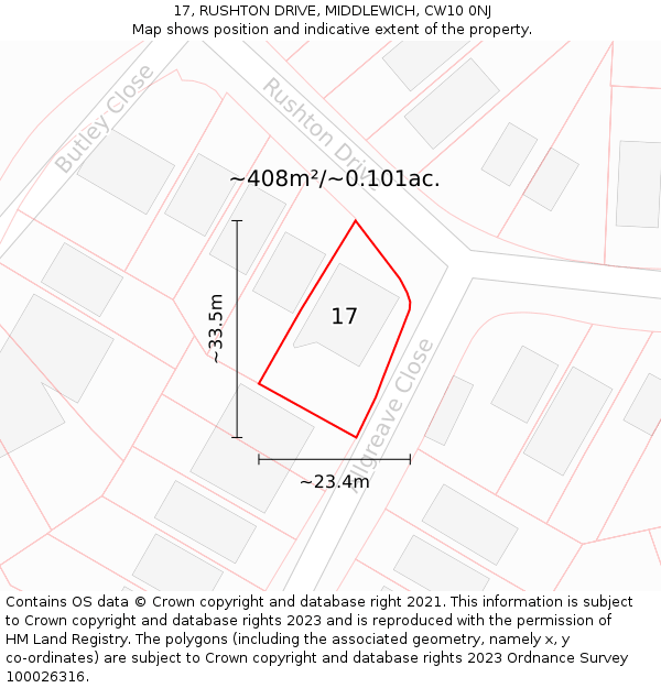 17, RUSHTON DRIVE, MIDDLEWICH, CW10 0NJ: Plot and title map