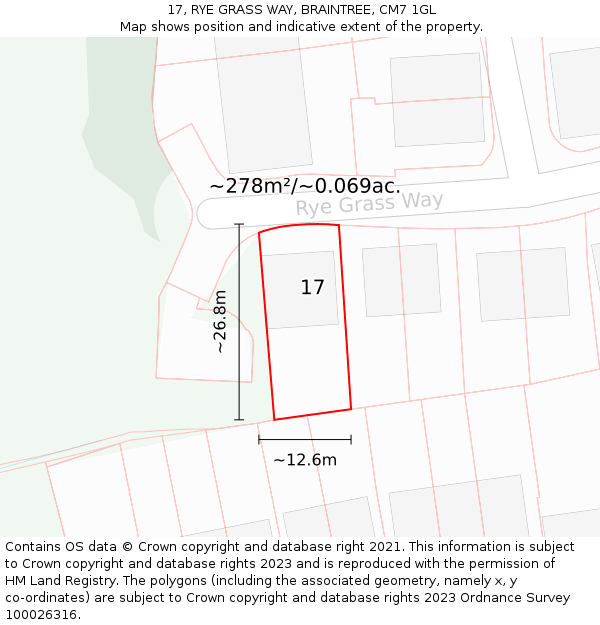 17, RYE GRASS WAY, BRAINTREE, CM7 1GL: Plot and title map