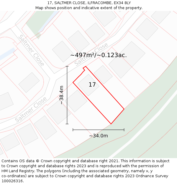 17, SALTMER CLOSE, ILFRACOMBE, EX34 8LY: Plot and title map