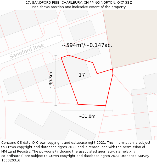 17, SANDFORD RISE, CHARLBURY, CHIPPING NORTON, OX7 3SZ: Plot and title map