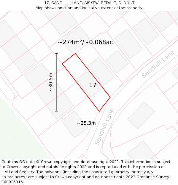 17, SANDHILL LANE, AISKEW, BEDALE, DL8 1UT: Plot and title map