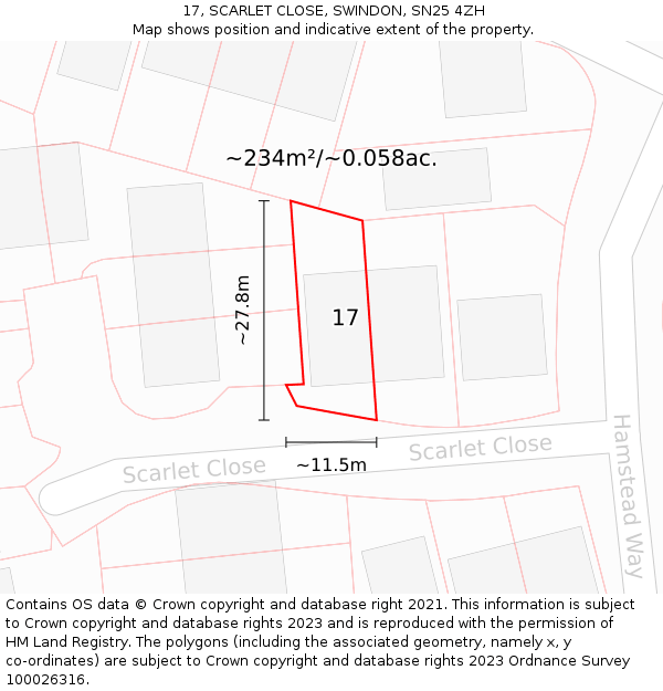 17, SCARLET CLOSE, SWINDON, SN25 4ZH: Plot and title map