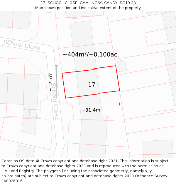 17, SCHOOL CLOSE, GAMLINGAY, SANDY, SG19 3JY: Plot and title map