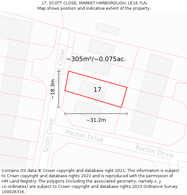 17, SCOTT CLOSE, MARKET HARBOROUGH, LE16 7LN: Plot and title map