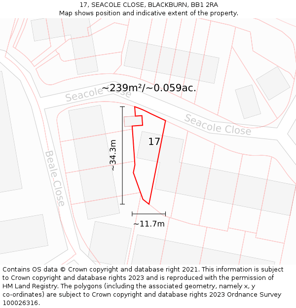 17, SEACOLE CLOSE, BLACKBURN, BB1 2RA: Plot and title map