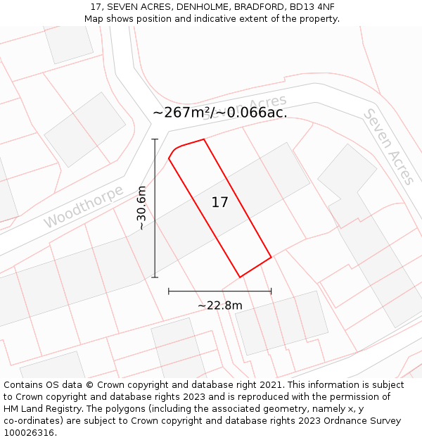 17, SEVEN ACRES, DENHOLME, BRADFORD, BD13 4NF: Plot and title map