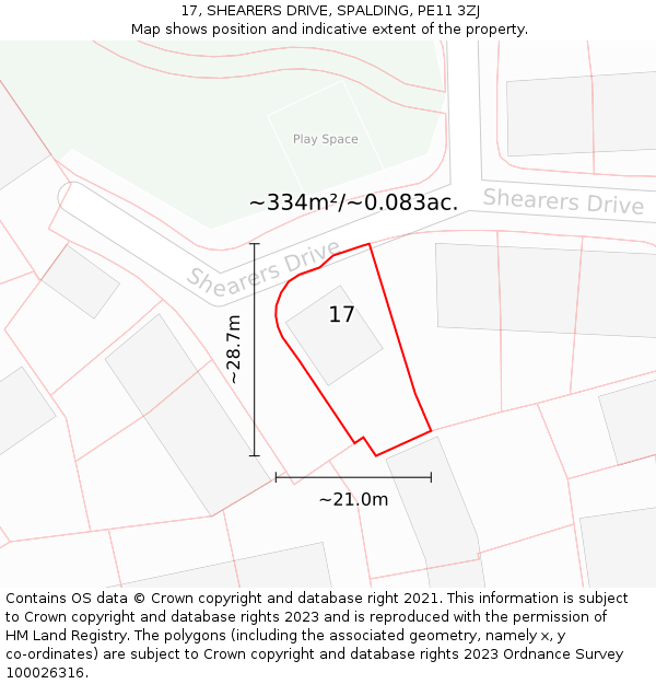 17, SHEARERS DRIVE, SPALDING, PE11 3ZJ: Plot and title map