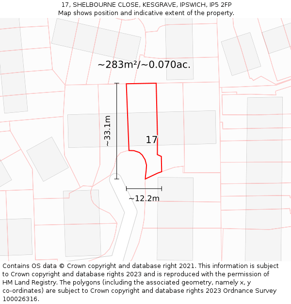 17, SHELBOURNE CLOSE, KESGRAVE, IPSWICH, IP5 2FP: Plot and title map