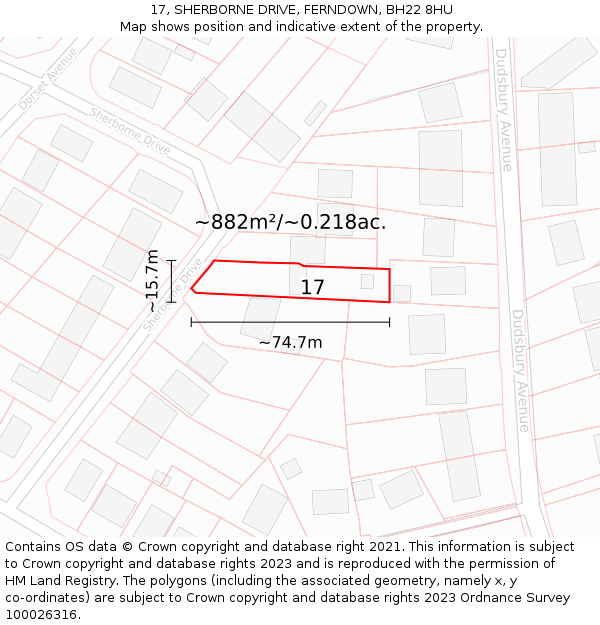 17, SHERBORNE DRIVE, FERNDOWN, BH22 8HU: Plot and title map